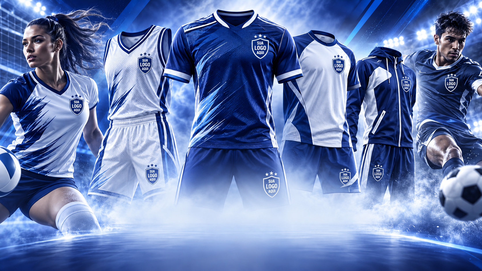 Uniformes esportivos azuis e brancos para diferentes modalidades